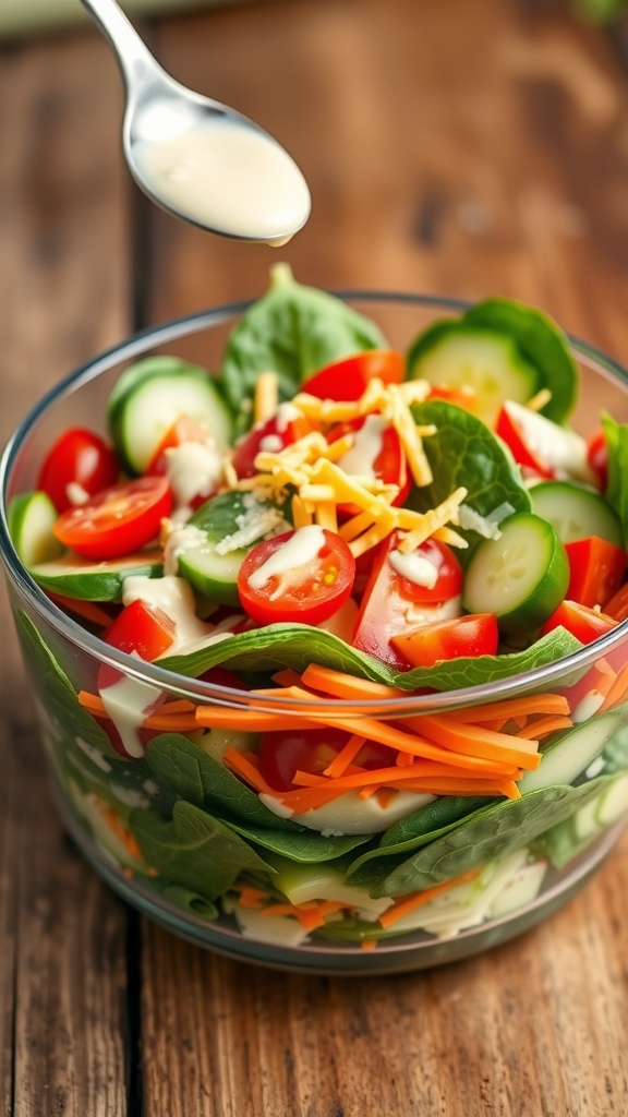 A colorful layered spinach salad with tomatoes, cucumbers, carrots, bell peppers, peas, and cheddar cheese in a glass bowl.